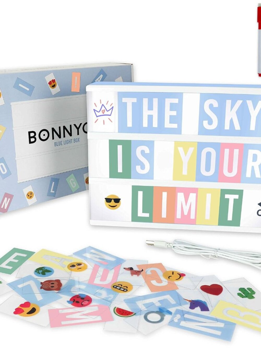 Blue Cinema Light Box with 400 Letters, Emojis and 2 Markers. Led Light Box Boy